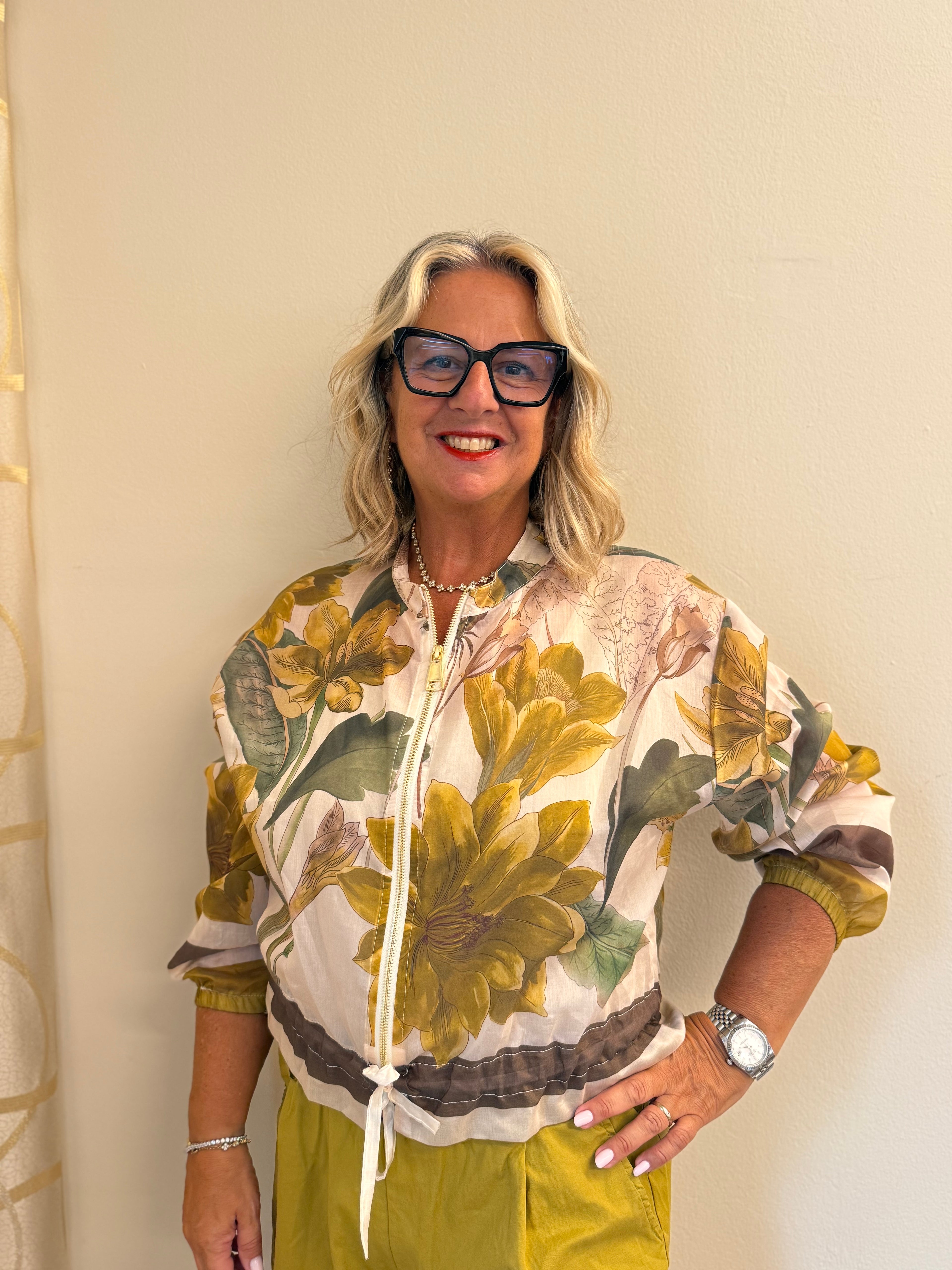 Giacca Giovanna bomber stampa botanica con zip