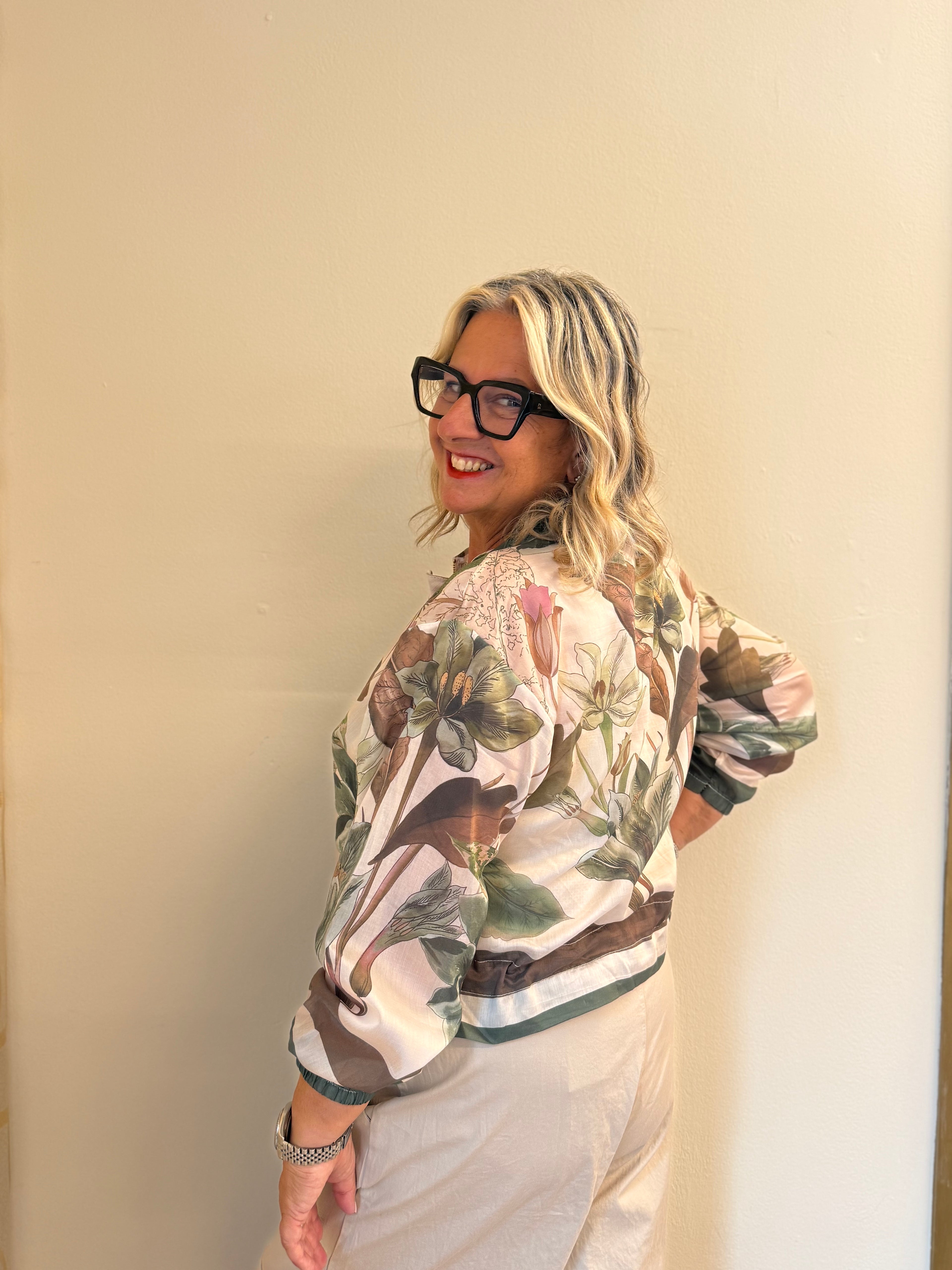 Giacca Giovanna bomber stampa botanica con zip