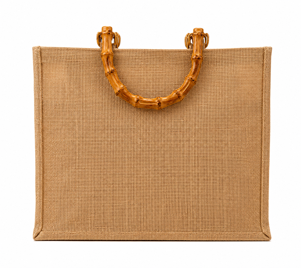 Borsa in Juta ricamata con paillettes e com Manici in Bambù