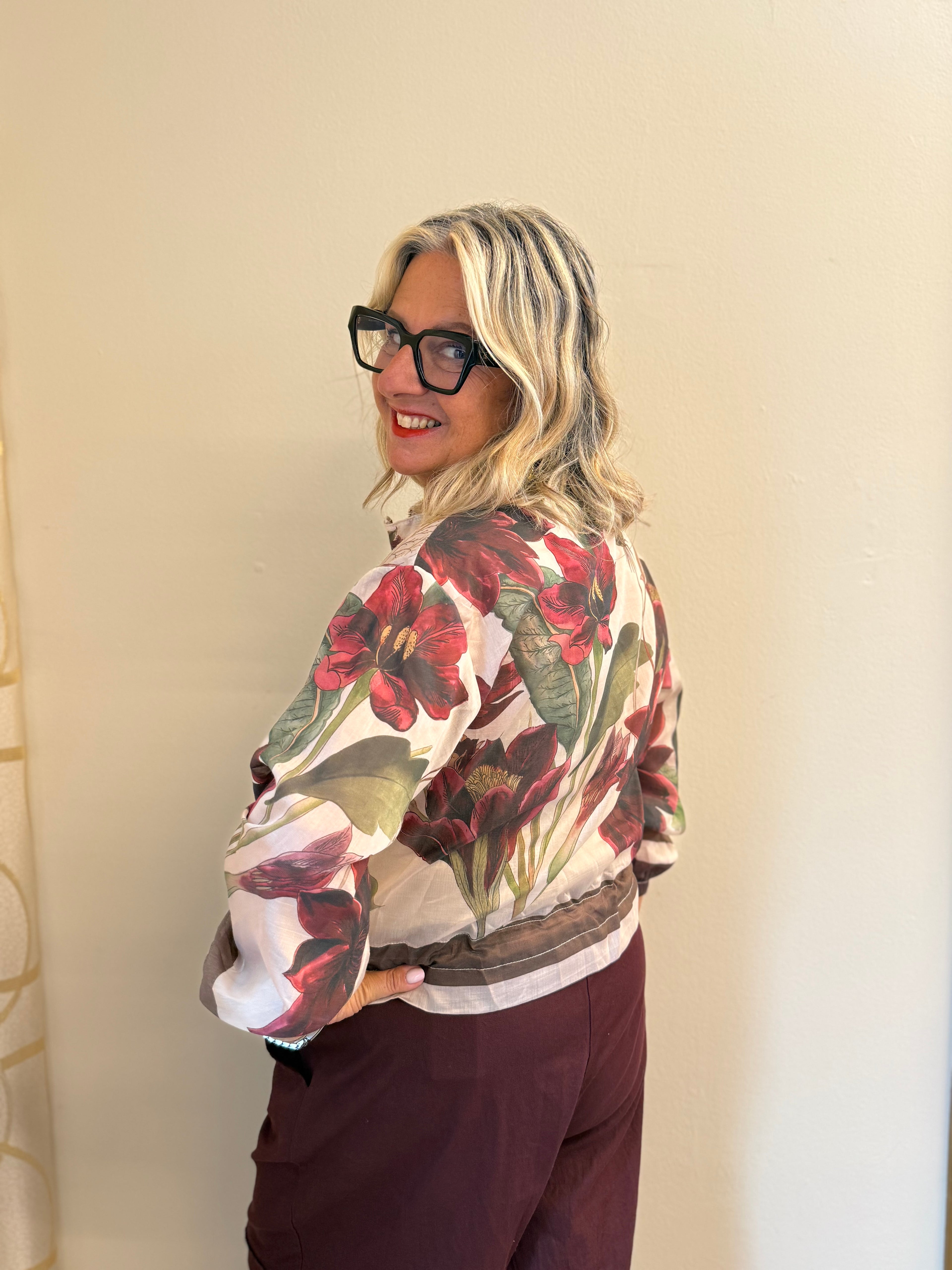 Giacca Giovanna bomber stampa botanica con zip