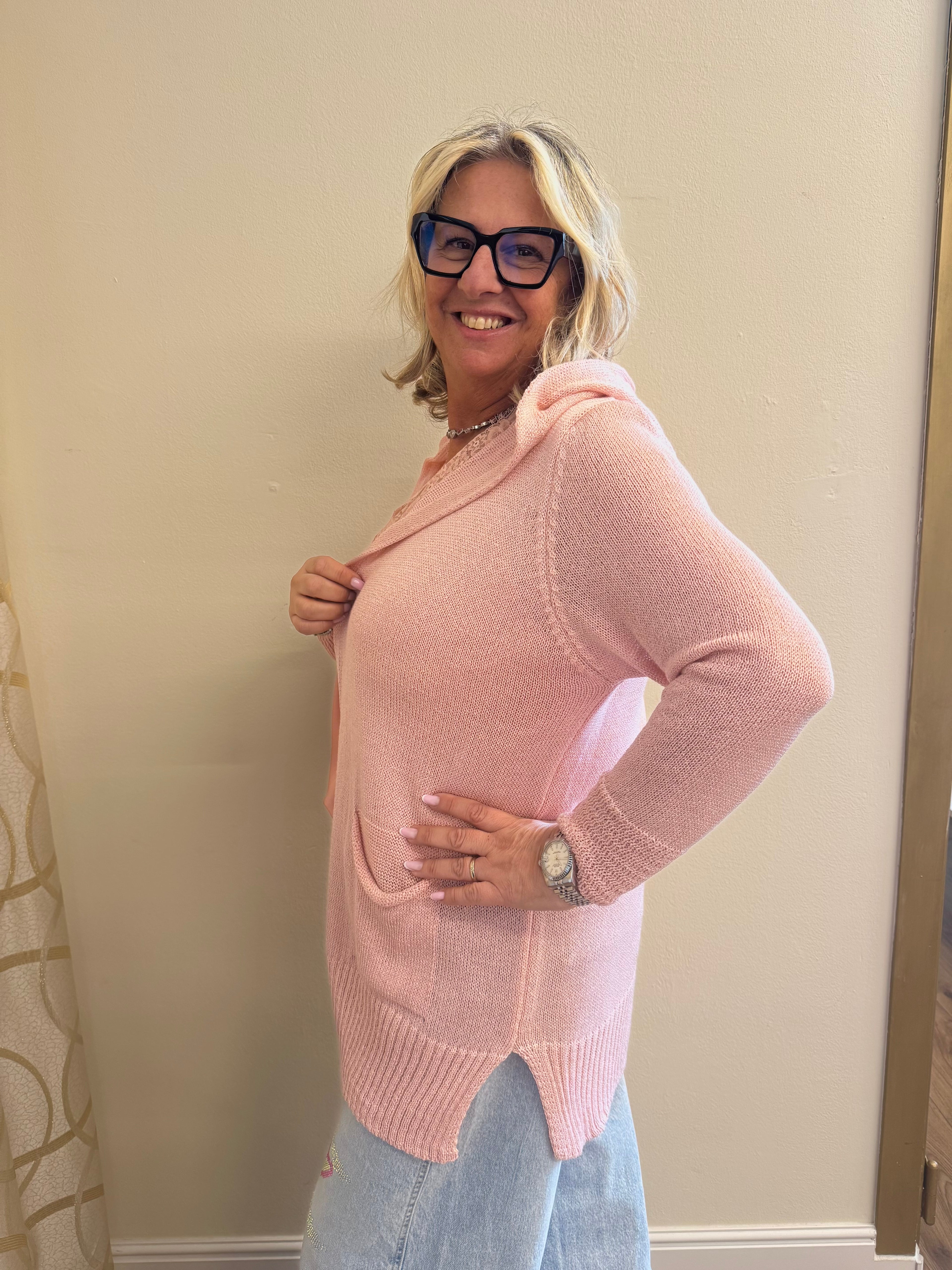Cardigan Lungo con Cappuccio e Tasche Evelyn