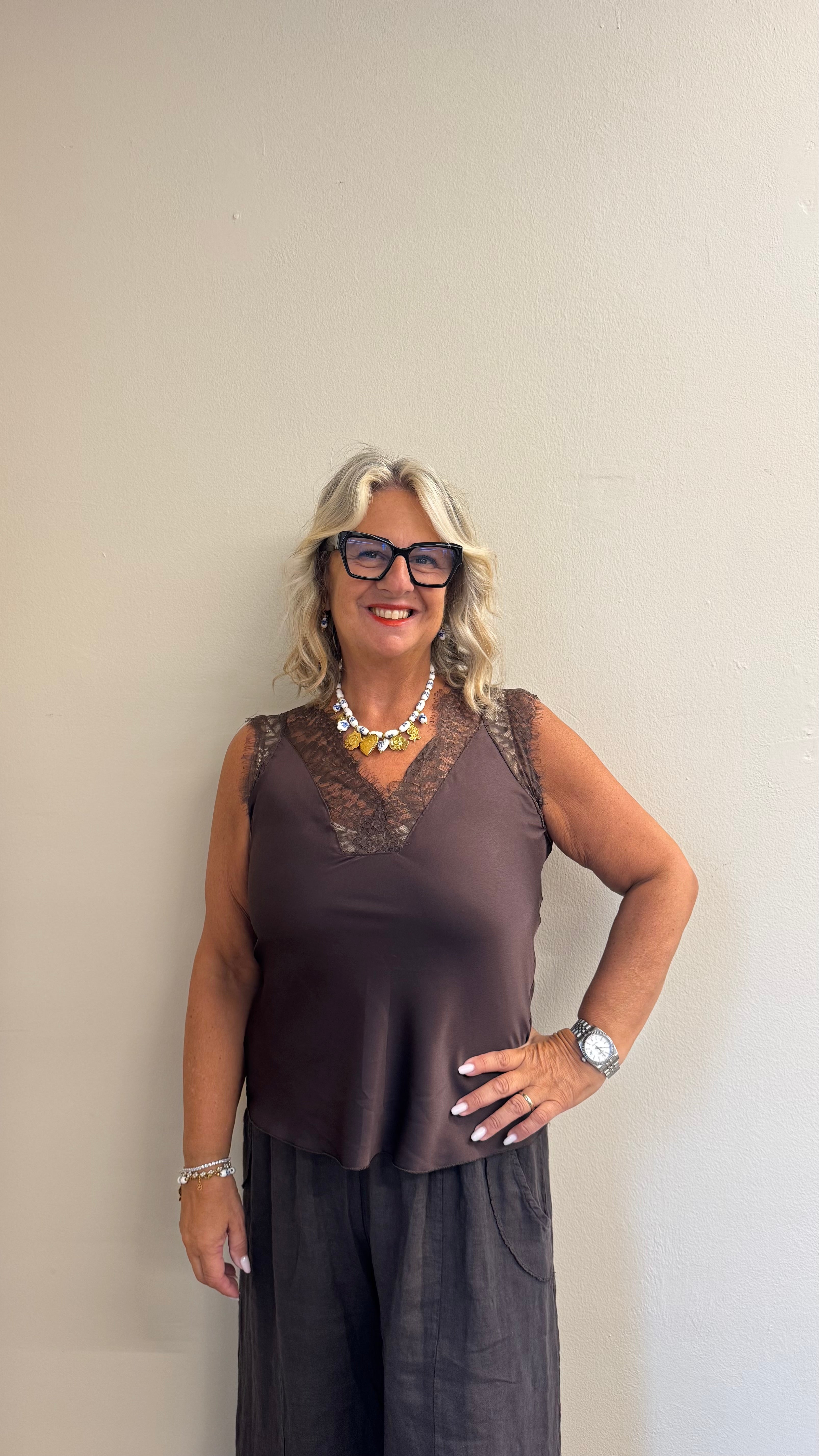 Top Fabiana in raso con pizzo