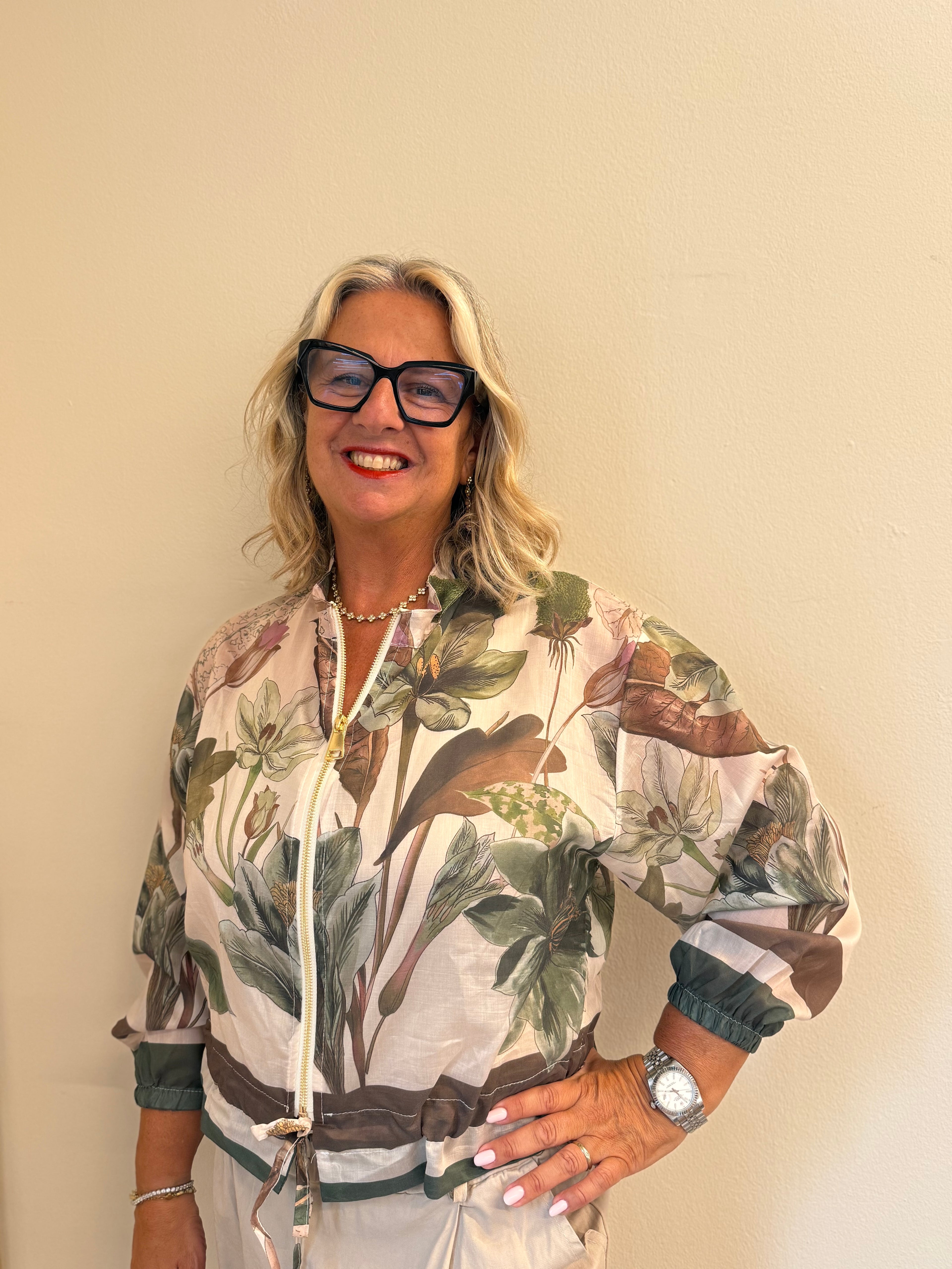 Giacca Giovanna bomber stampa botanica con zip