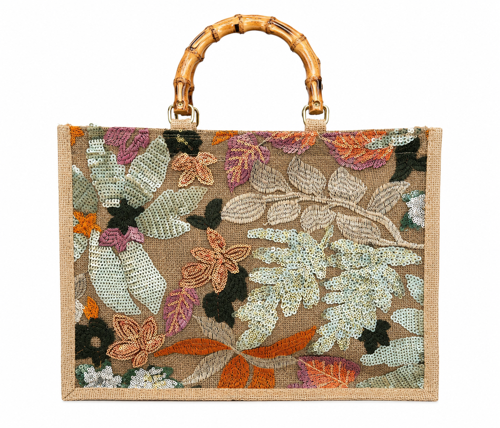 Borsa in Juta ricamata con paillettes e com Manici in Bambù