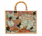 Borsa in Juta ricamata con paillettes e com Manici in Bambù
