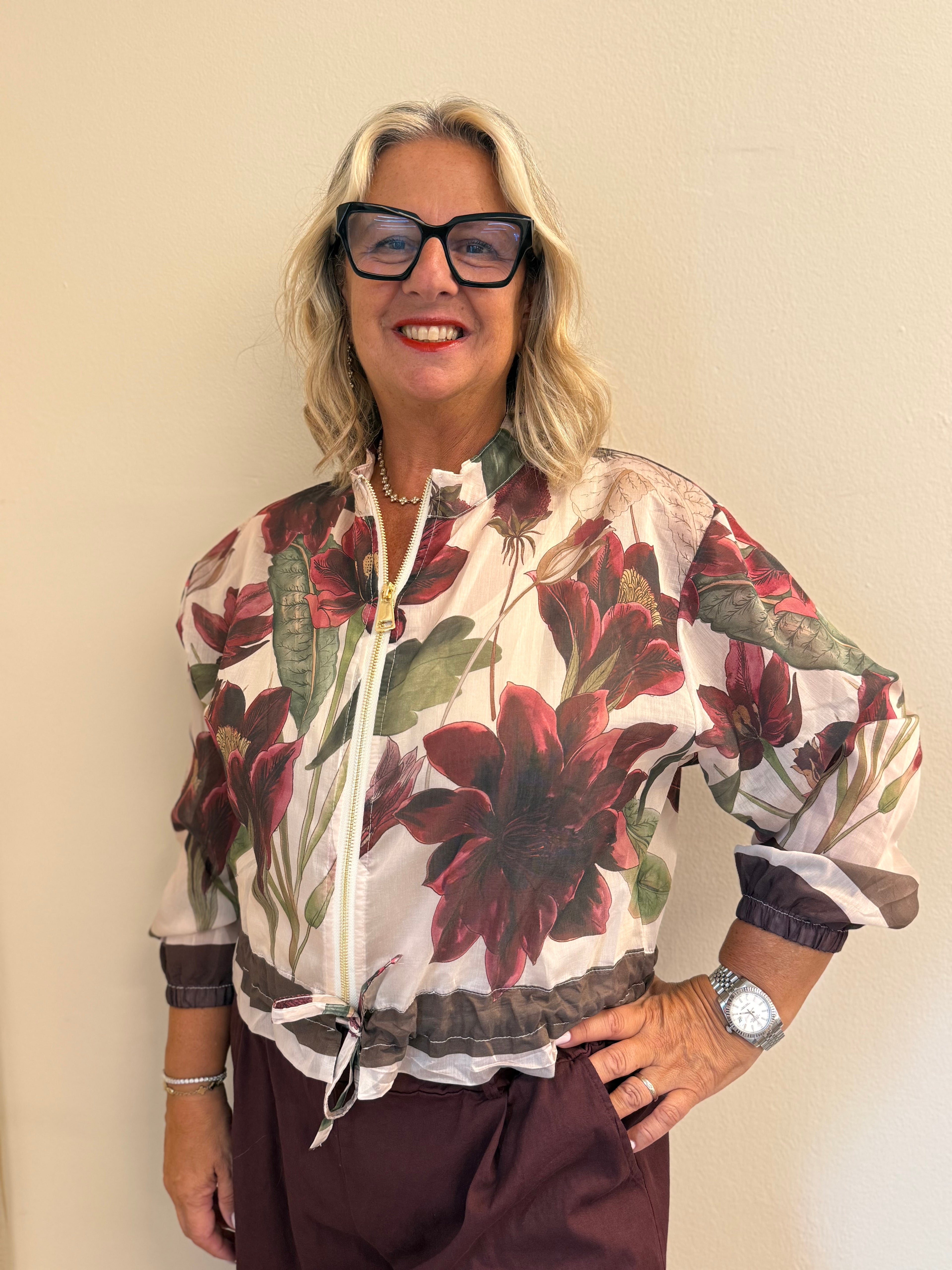 Giacca Giovanna bomber stampa botanica con zip