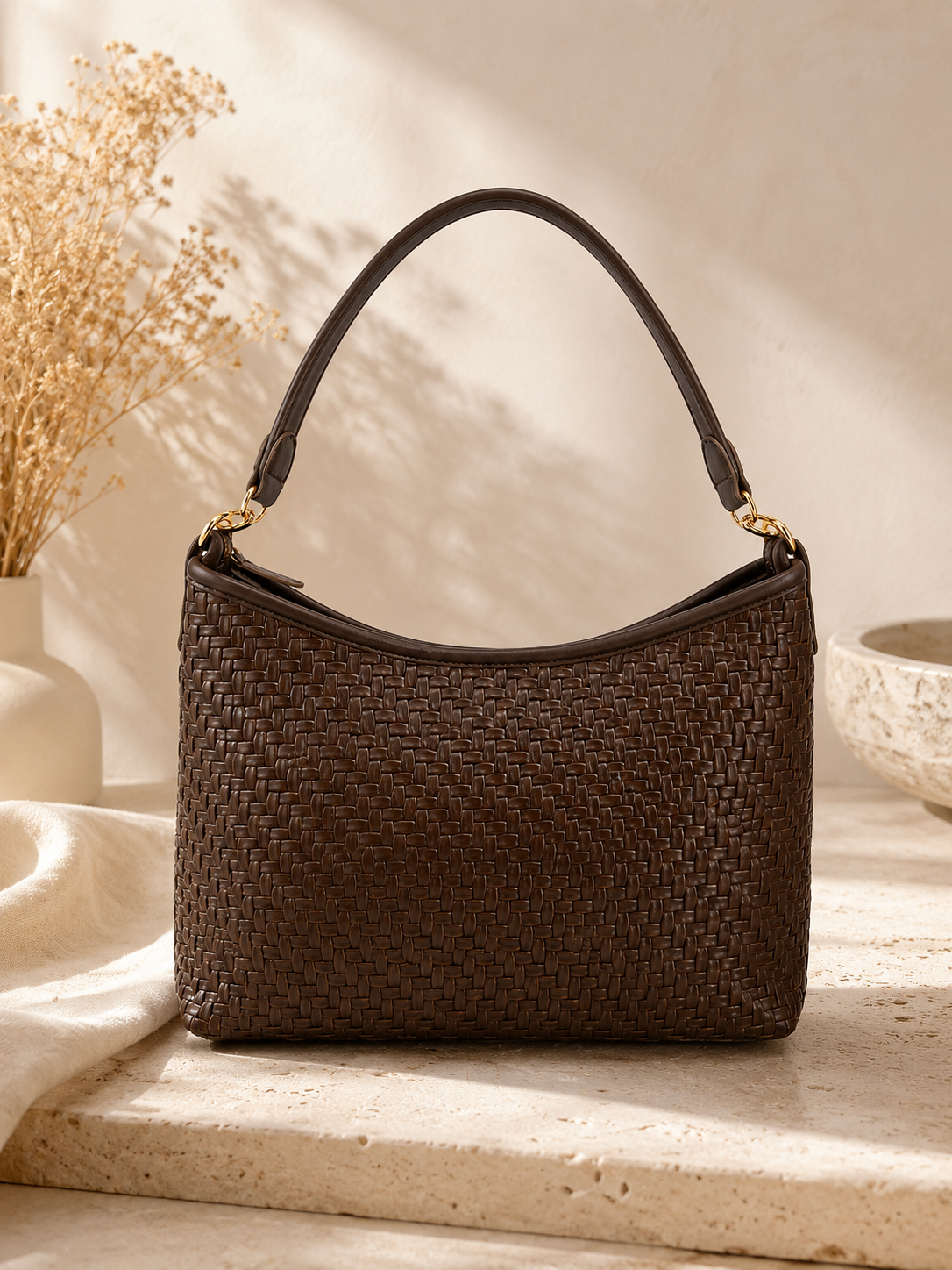Borsa a Spalla Intrecciata Donna in Ecopelle Marrone Elegante